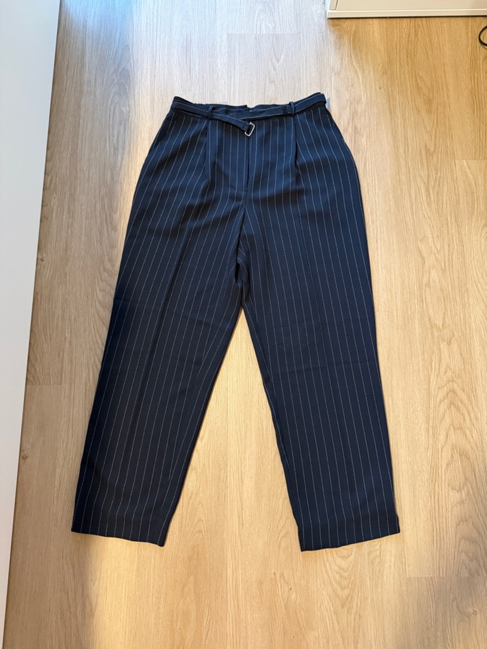 Wide-Leg Pinstripe Trousers - Navy